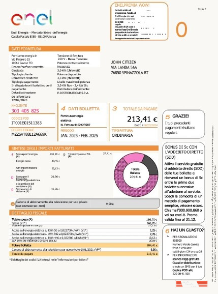 Italy Enel Energia utility bill Word and PDF template